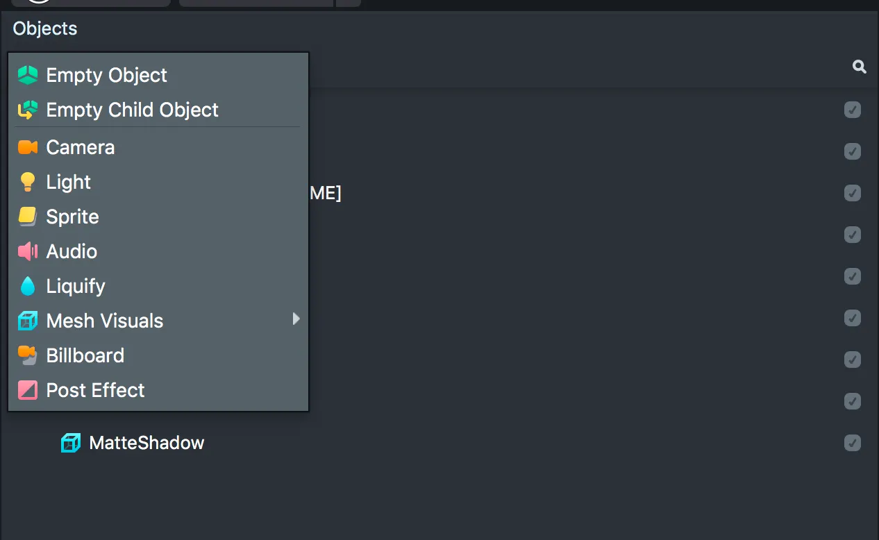 Add New Menu (Objects Panel)